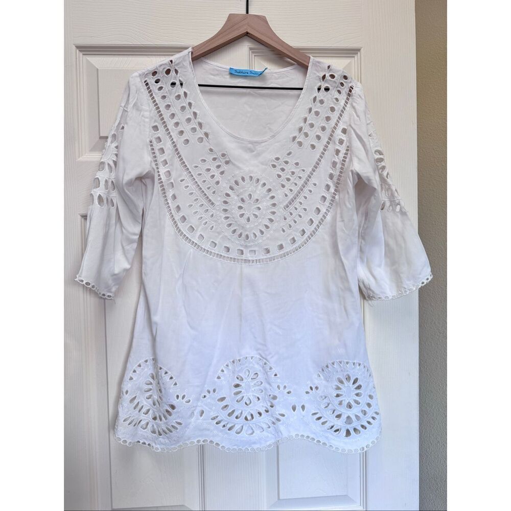 Solitaire swim s eyelet cover up mini tunic dress boho white bell long sleeve